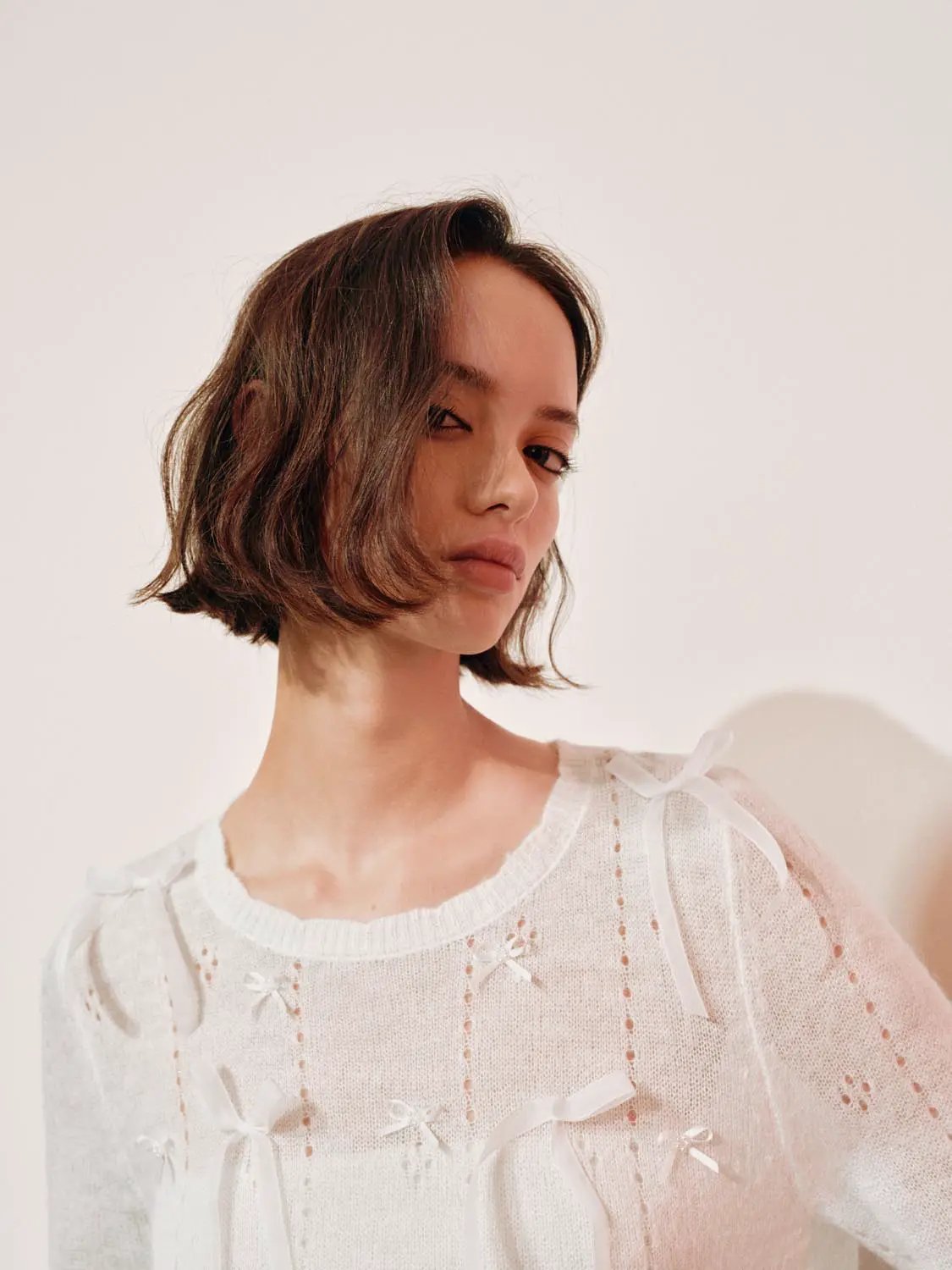 Bow Detail Textured Crew Neck Long Sleeve Sweater