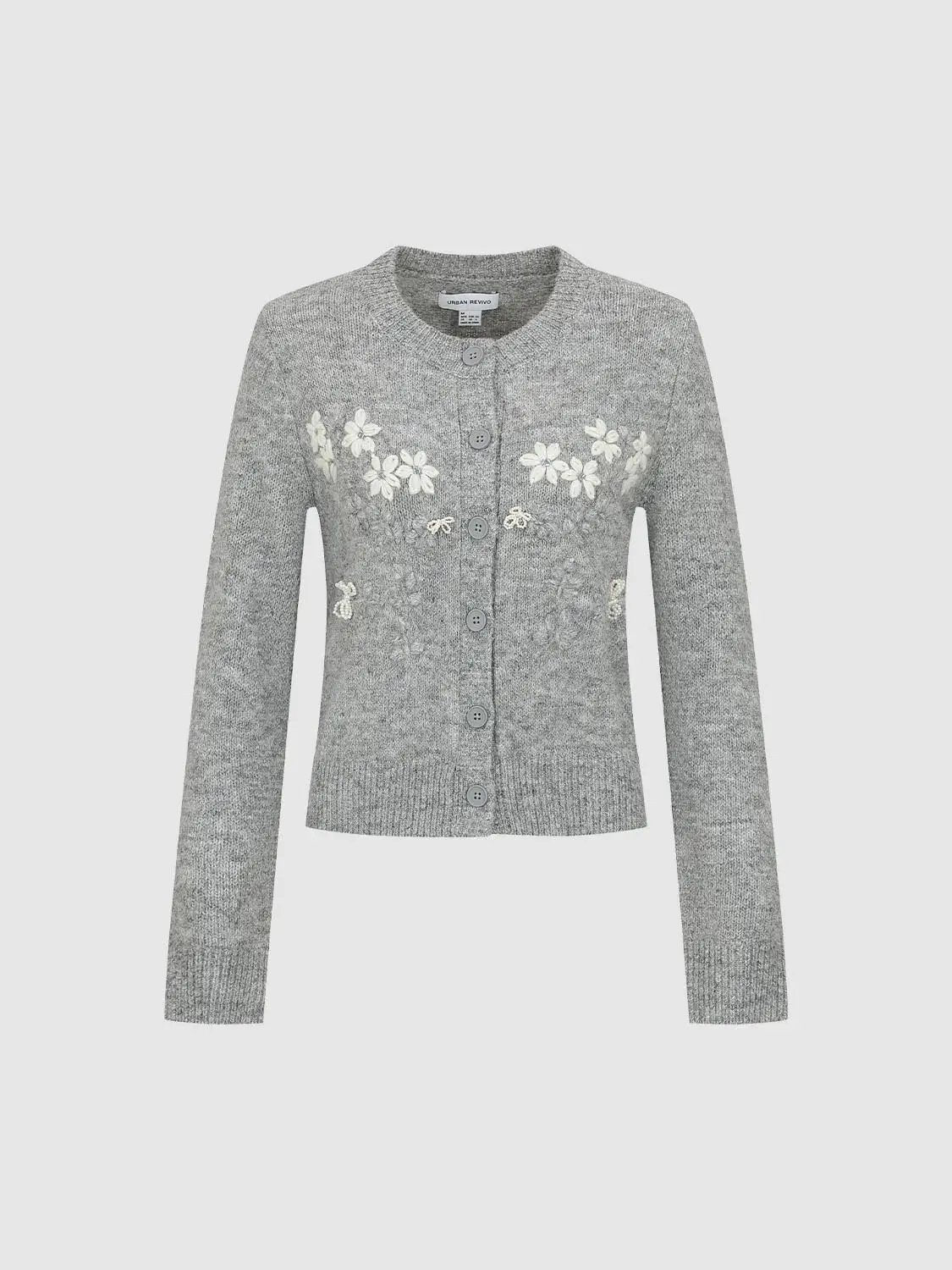 Floral Embroidered Crew Neck Long Sleeve Cardigan