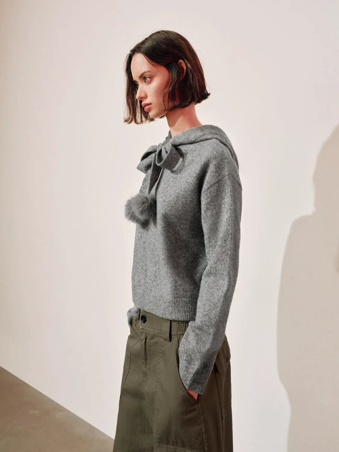 Pom-Pom Bow Tie Hooded Long Sleeve Knit Pullover