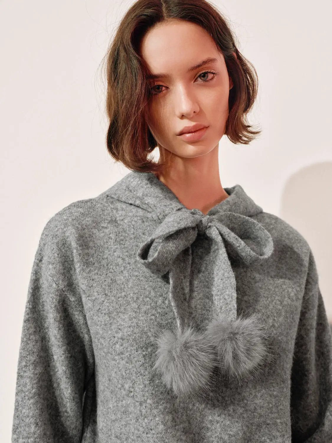 Pom-Pom Bow Tie Hooded Long Sleeve Knit Pullover