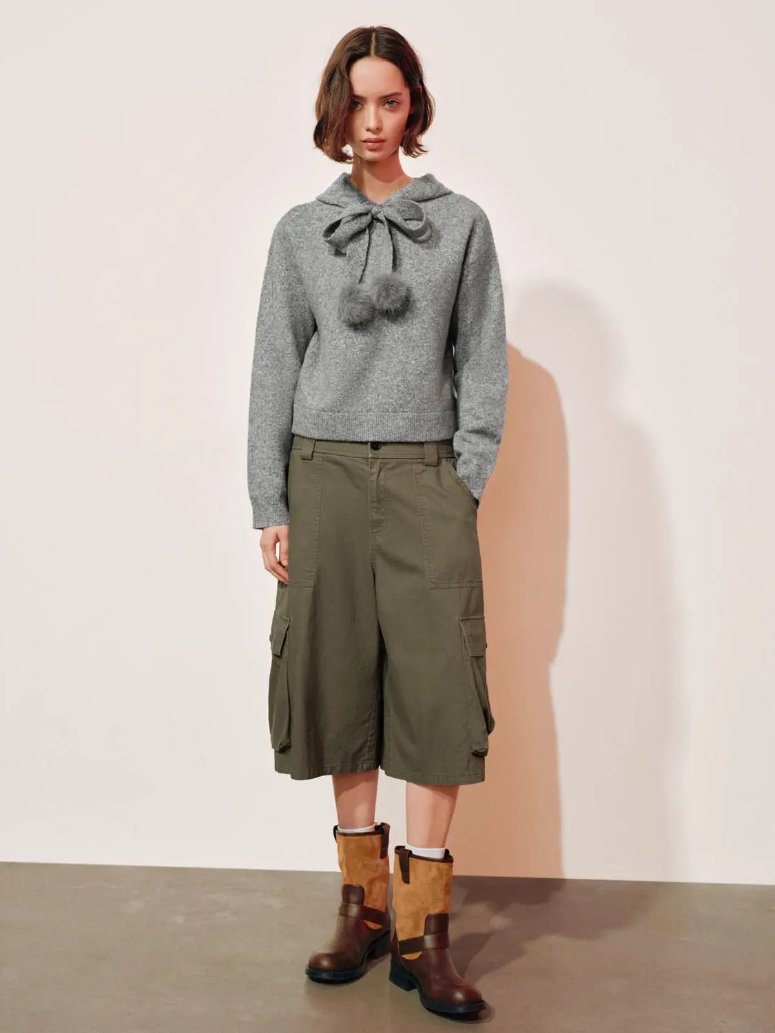 Pom-Pom Bow Tie Hooded Long Sleeve Knit Pullover