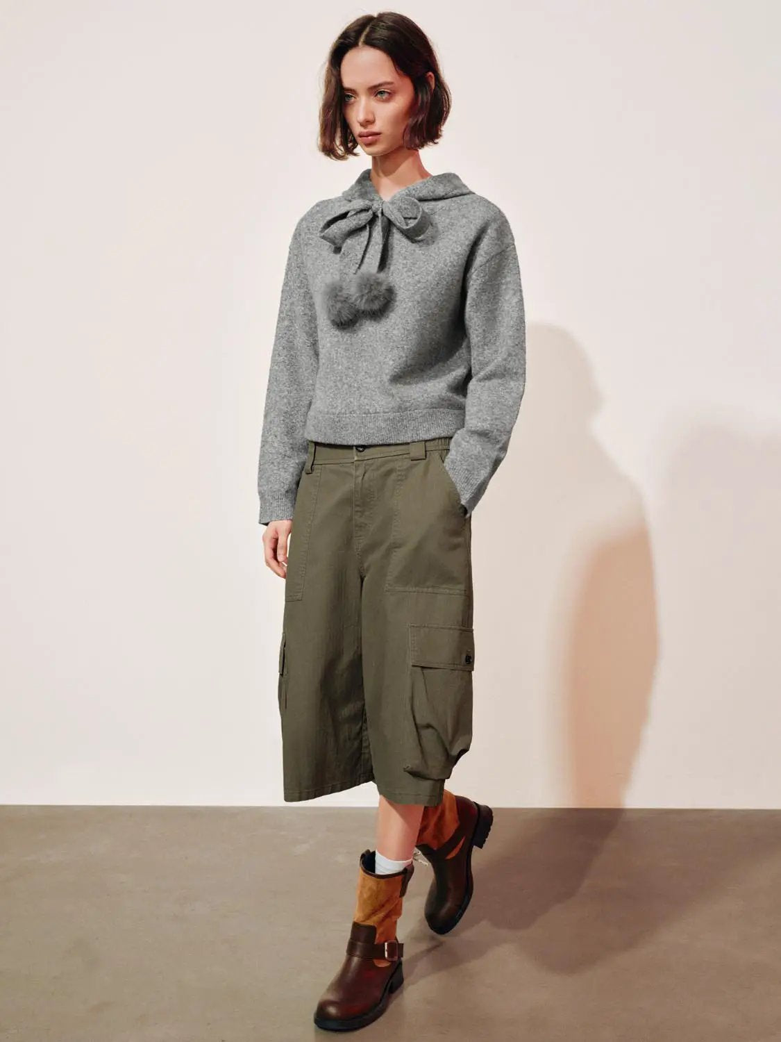 Pom-Pom Bow Tie Hooded Long Sleeve Knit Pullover