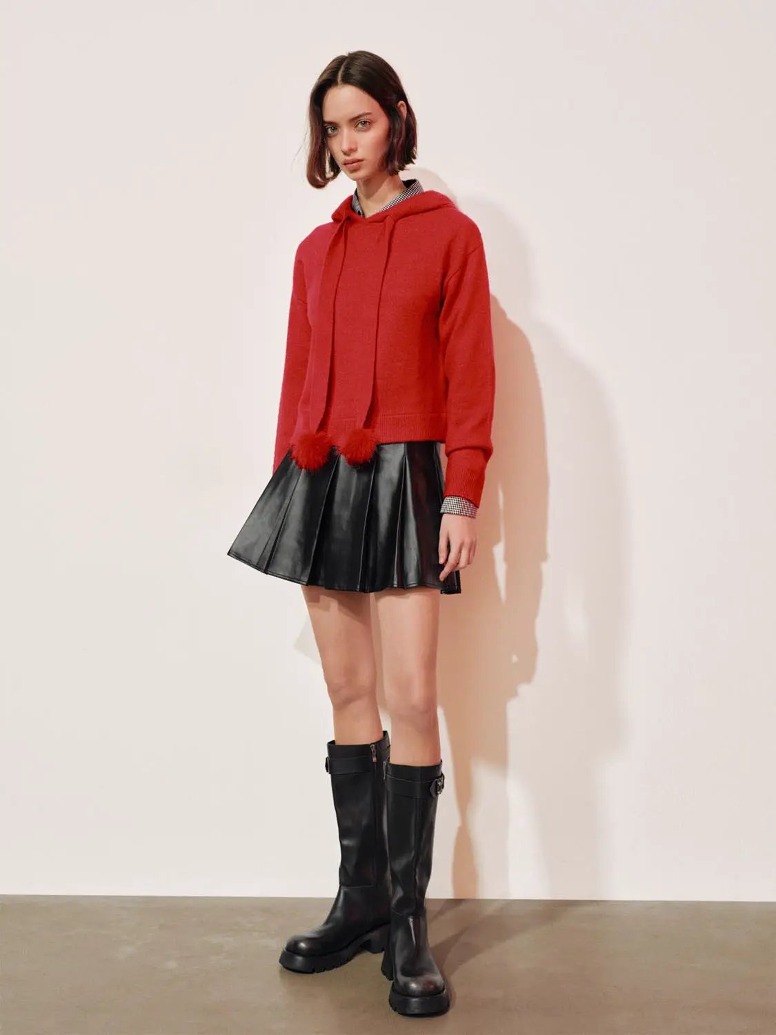 Pom-Pom Bow Tie Hooded Long Sleeve Knit Pullover