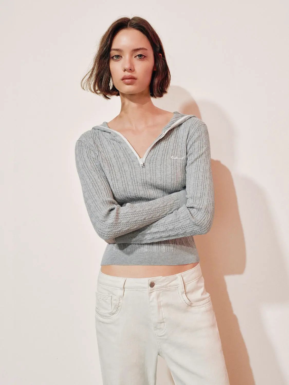 Ribbed Half-zip Hood Long Sleeve Fitted Pullover