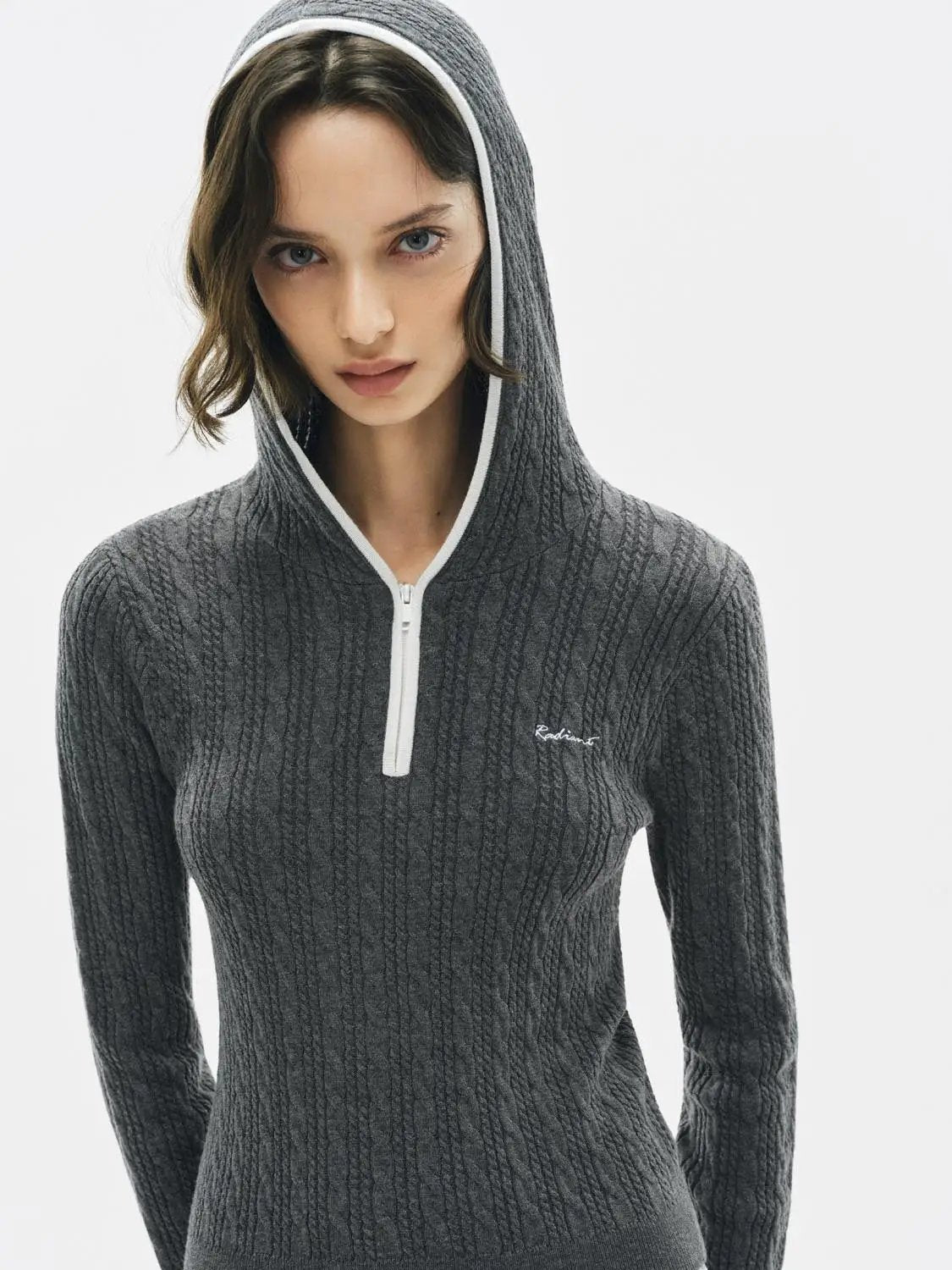 Ribbed Half-zip Hood Long Sleeve Fitted Pullover