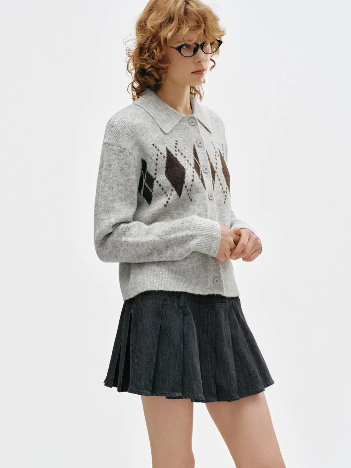 Argyle Pattern Long Sleeve Collar Knit Cardigan