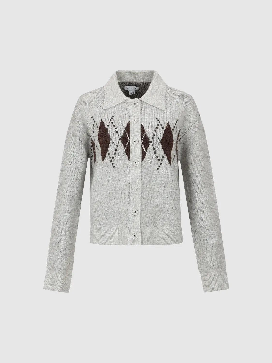 Argyle Pattern Long Sleeve Collar Knit Cardigan