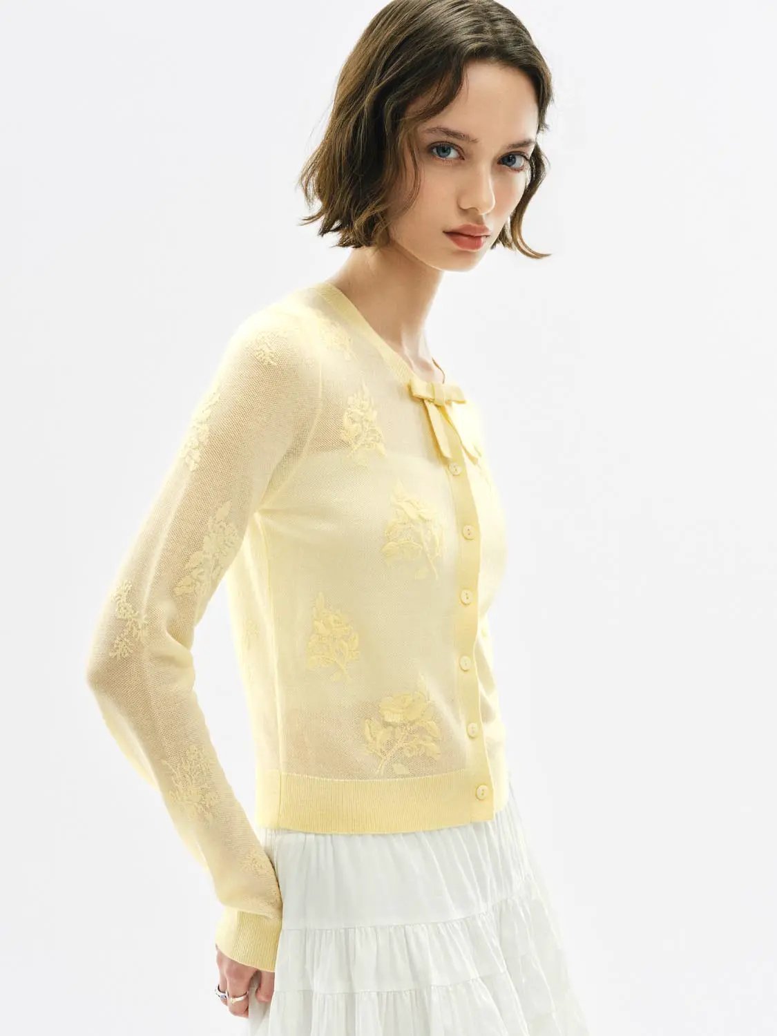 Ribbed Floral Embroidered Bow Long Sleeve Cardigan