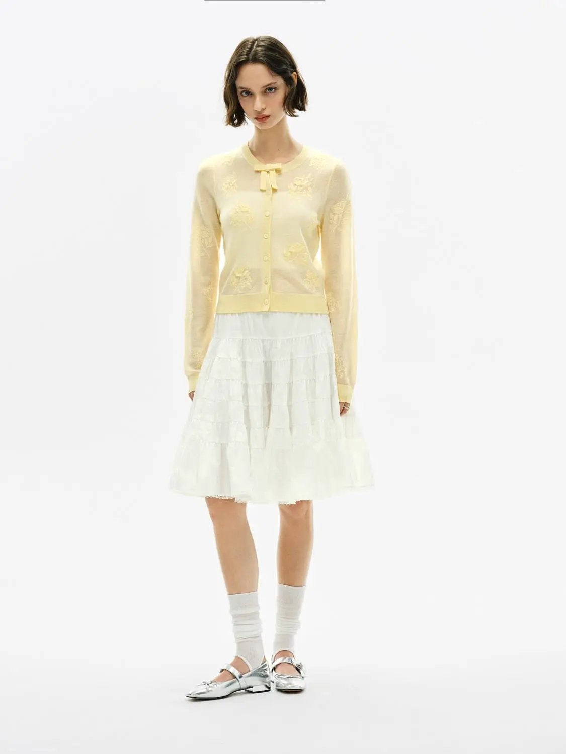 Ribbed Floral Embroidered Bow Long Sleeve Cardigan