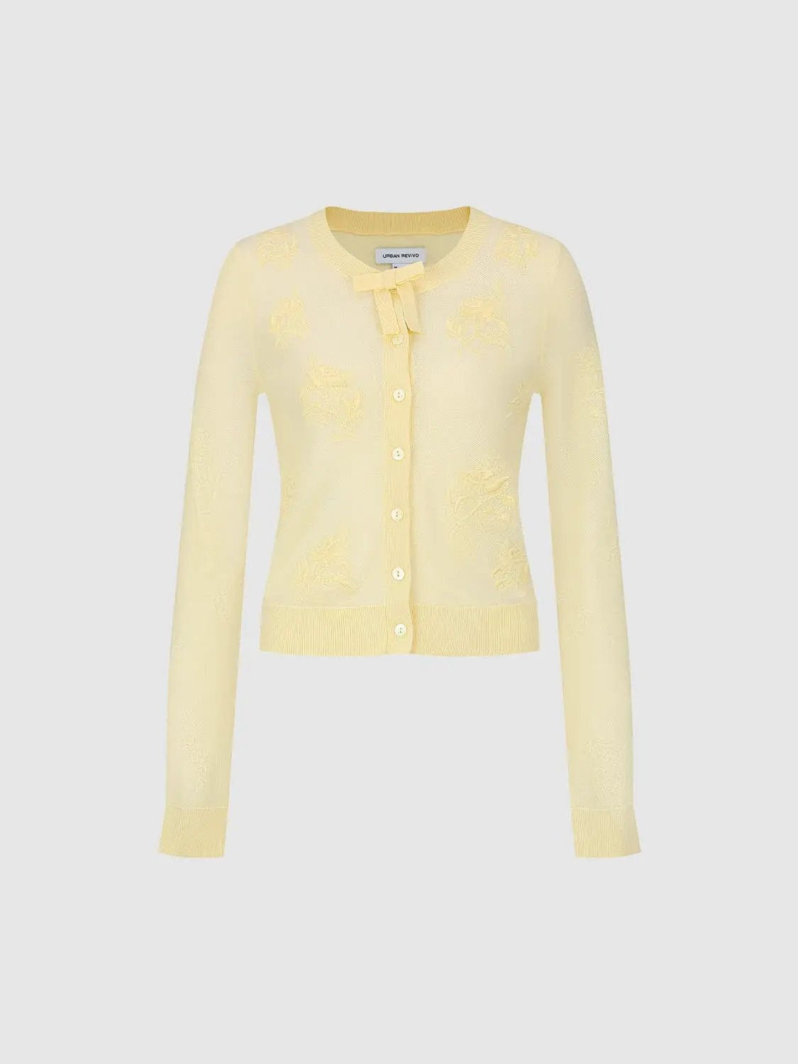 Ribbed Floral Embroidered Bow Long Sleeve Cardigan