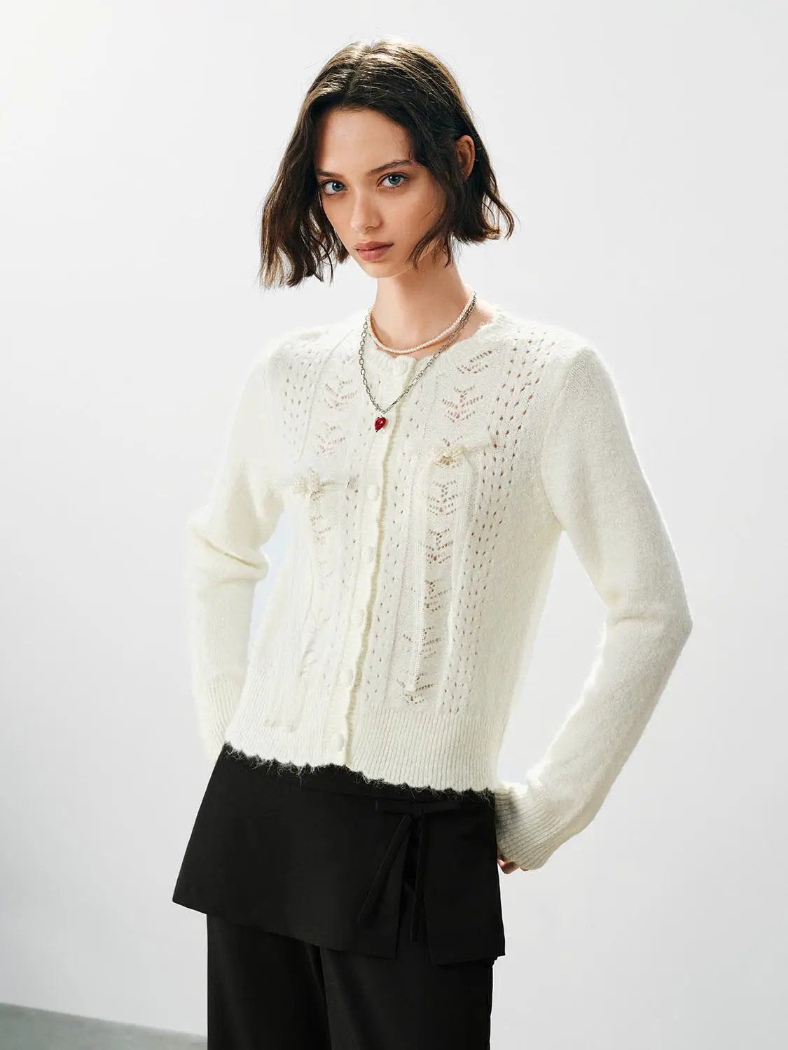 Textured Button Front Knit Crew Neck Long Sleeve Cardigan
