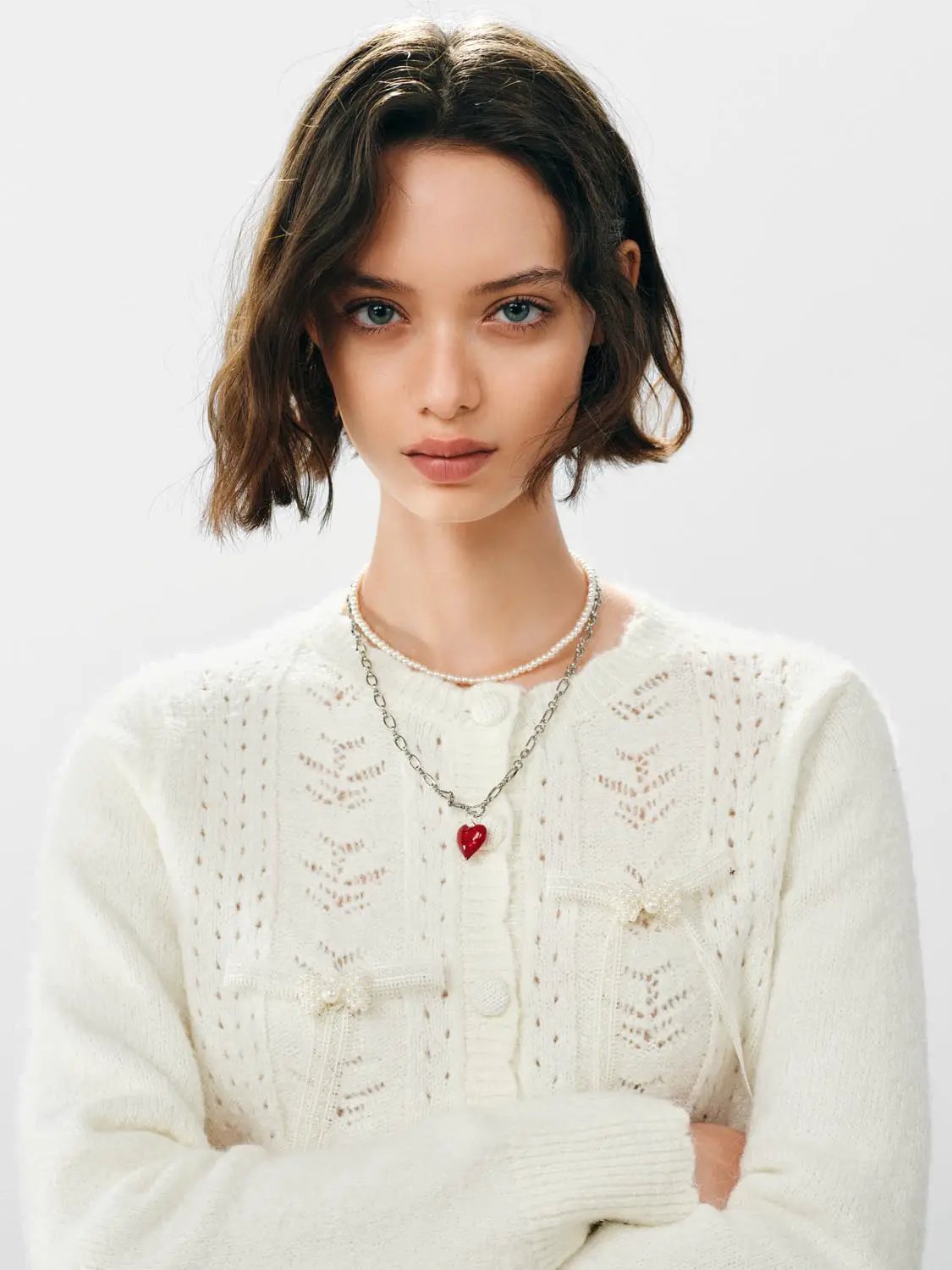 Textured Button Front Knit Crew Neck Long Sleeve Cardigan