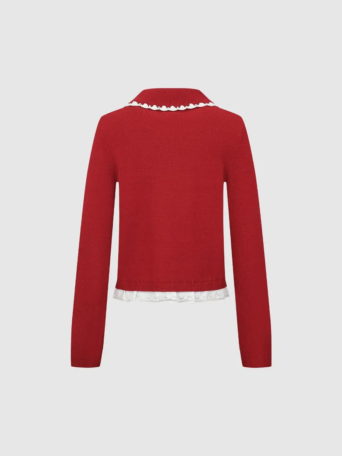 Ruffle Collar Long Sleeve Embroidered Bow Cardigan