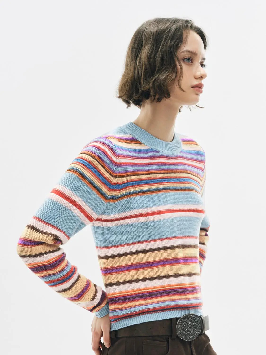 Knitted Striped Long Sleeve Crew Neck Sweater