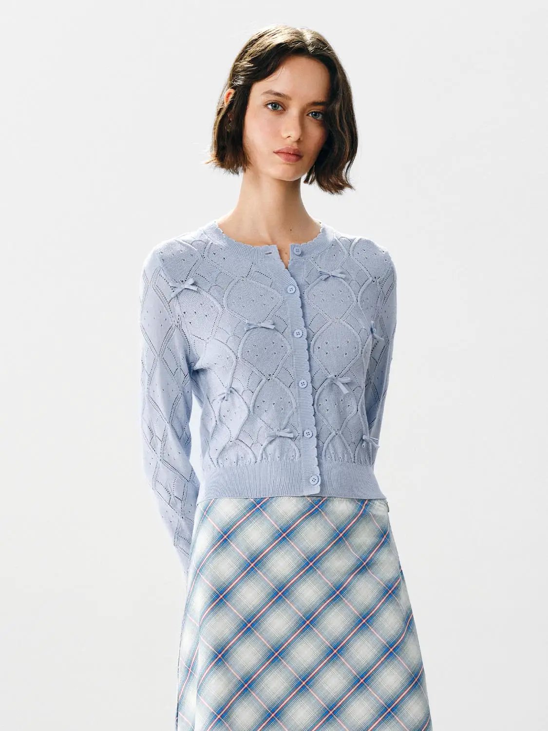 Openwork Diamond Bow Crew Neck Long Sleeve Knit Cardigan