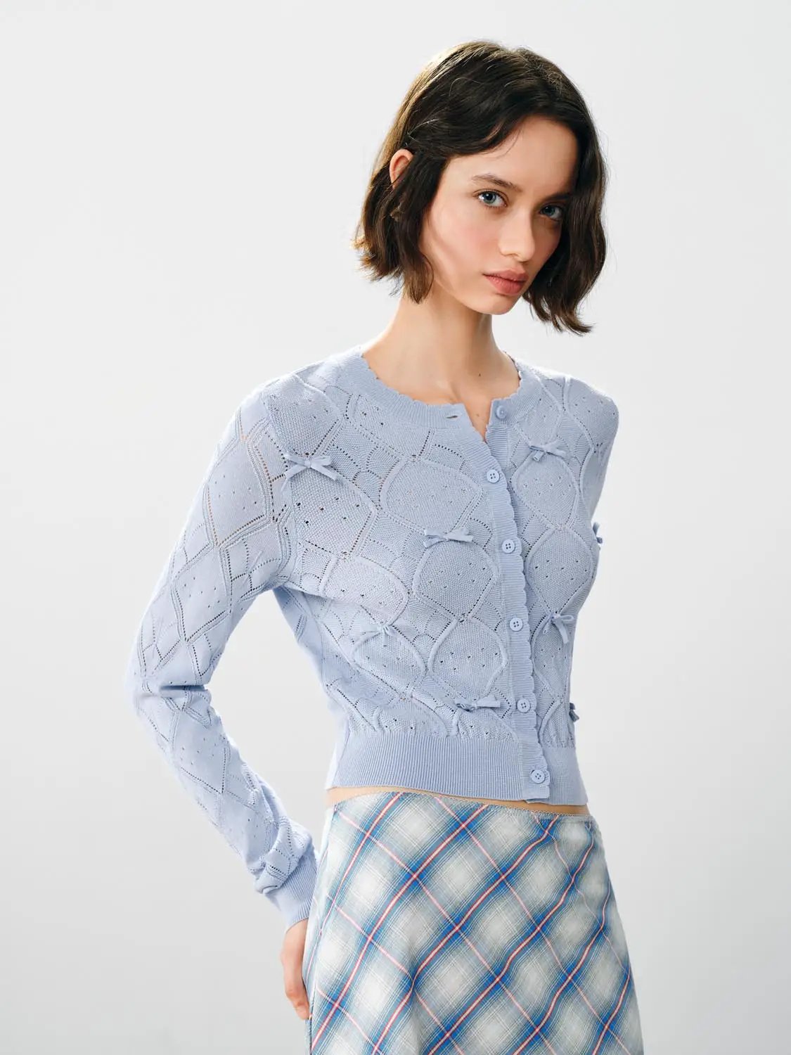 Openwork Diamond Bow Crew Neck Long Sleeve Knit Cardigan