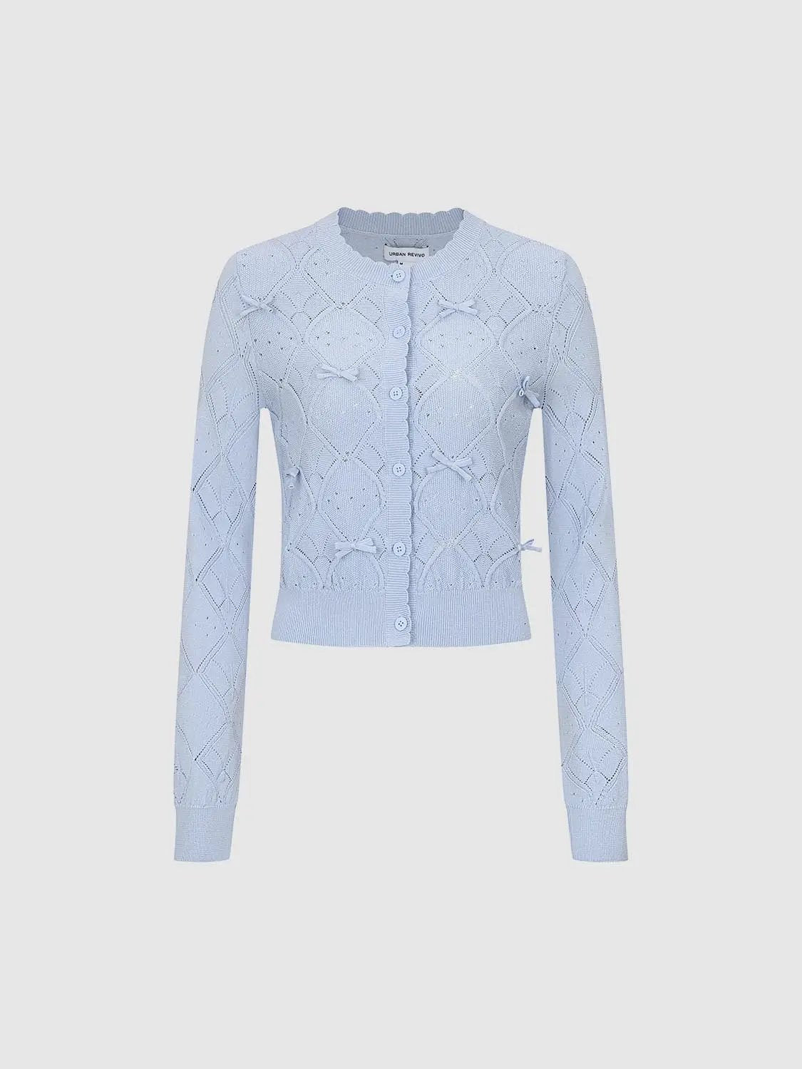 Openwork Diamond Bow Crew Neck Long Sleeve Knit Cardigan