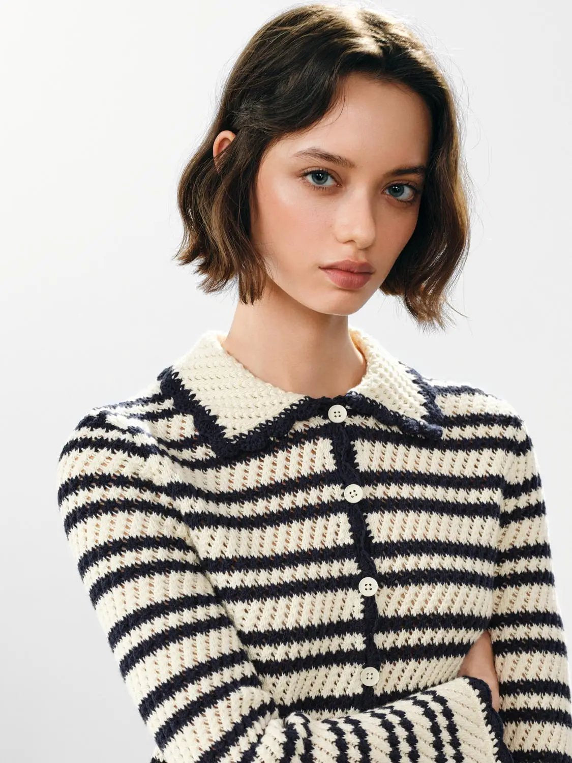 Striped Collar Long Sleeve Cotton Knit Cardigan