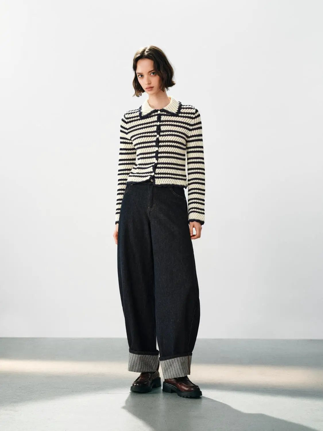Striped Collar Long Sleeve Cotton Knit Cardigan