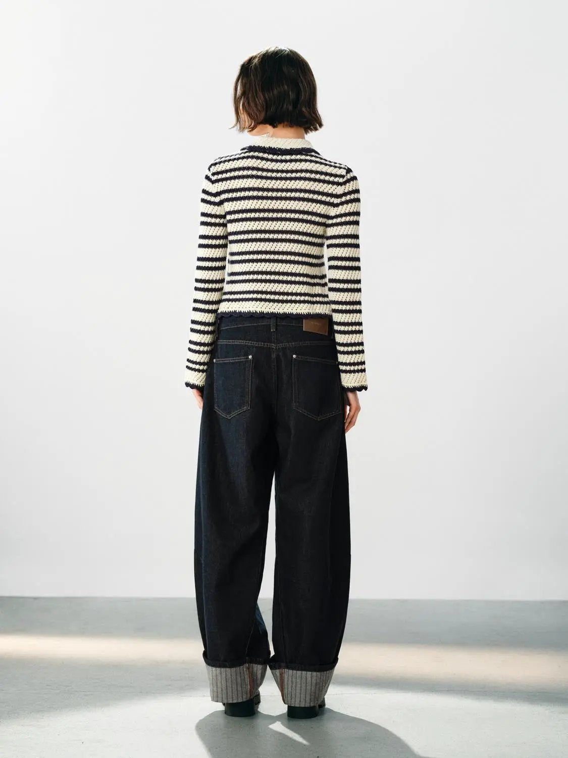 Striped Collar Long Sleeve Cotton Knit Cardigan