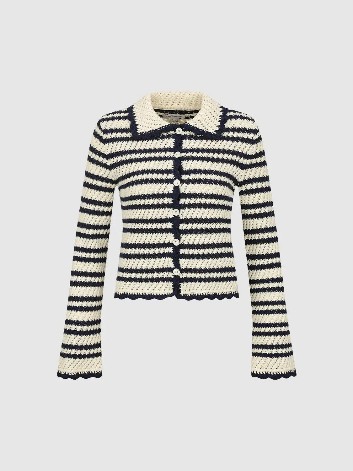 Striped Collar Long Sleeve Cotton Knit Cardigan