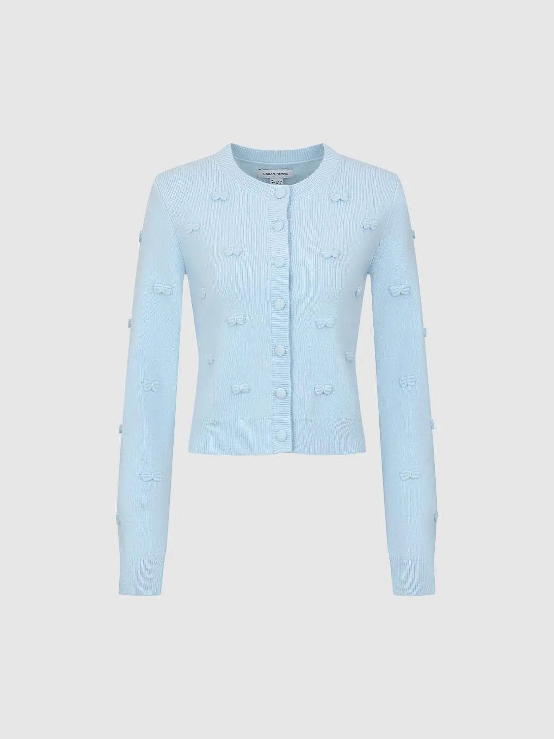 Bow Fitted Crew Neck Long Sleeve Ribbed Knit Cardigan