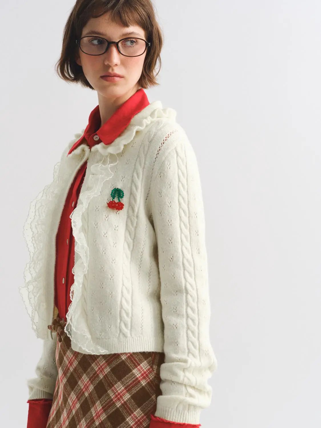 Textured Cable Knit Ruffle Trim Long Sleeve Cardigan
