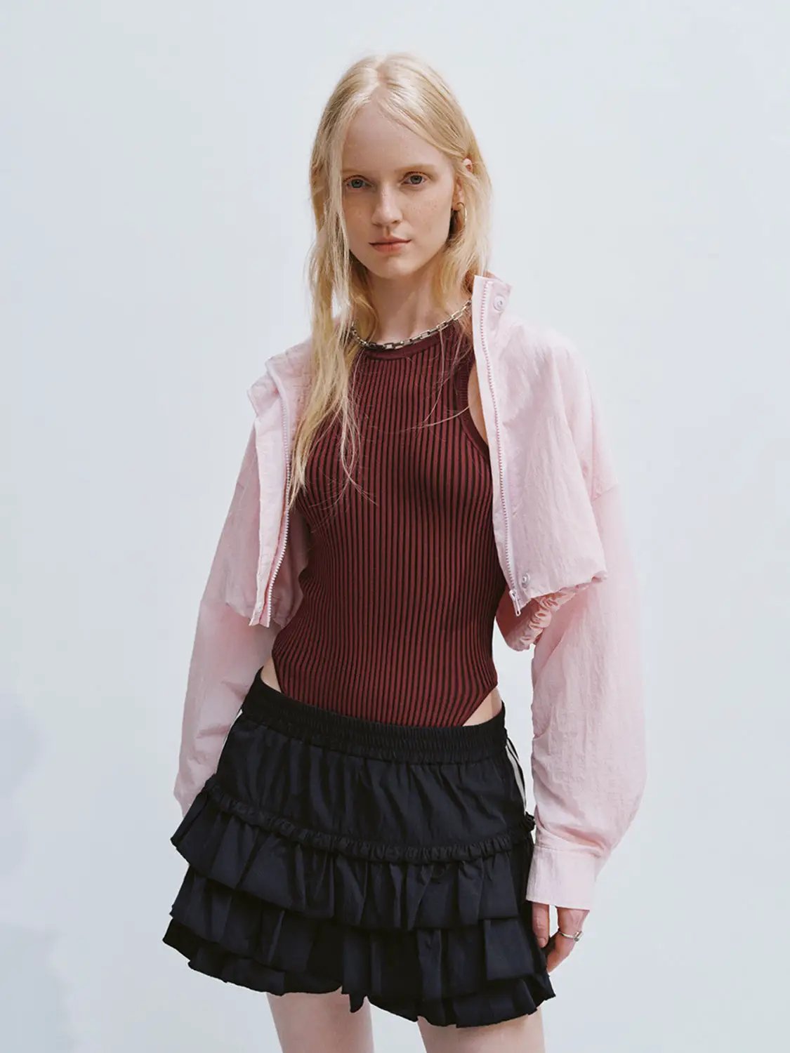 Cropped Stand Collar Open Front Long Sleeve Jacket