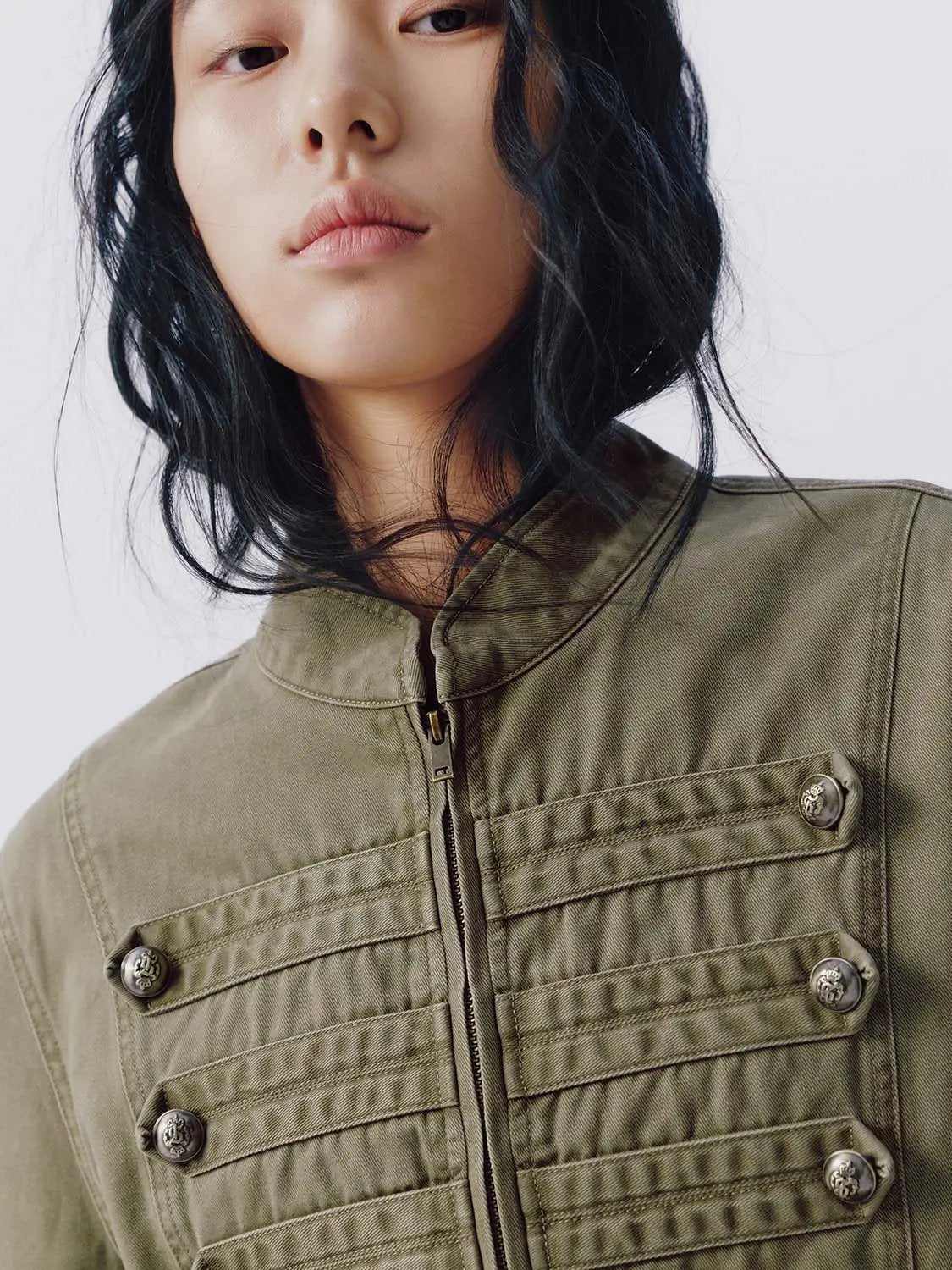 Stand Collar Braided Trim Double Breasted Cropped Jacket