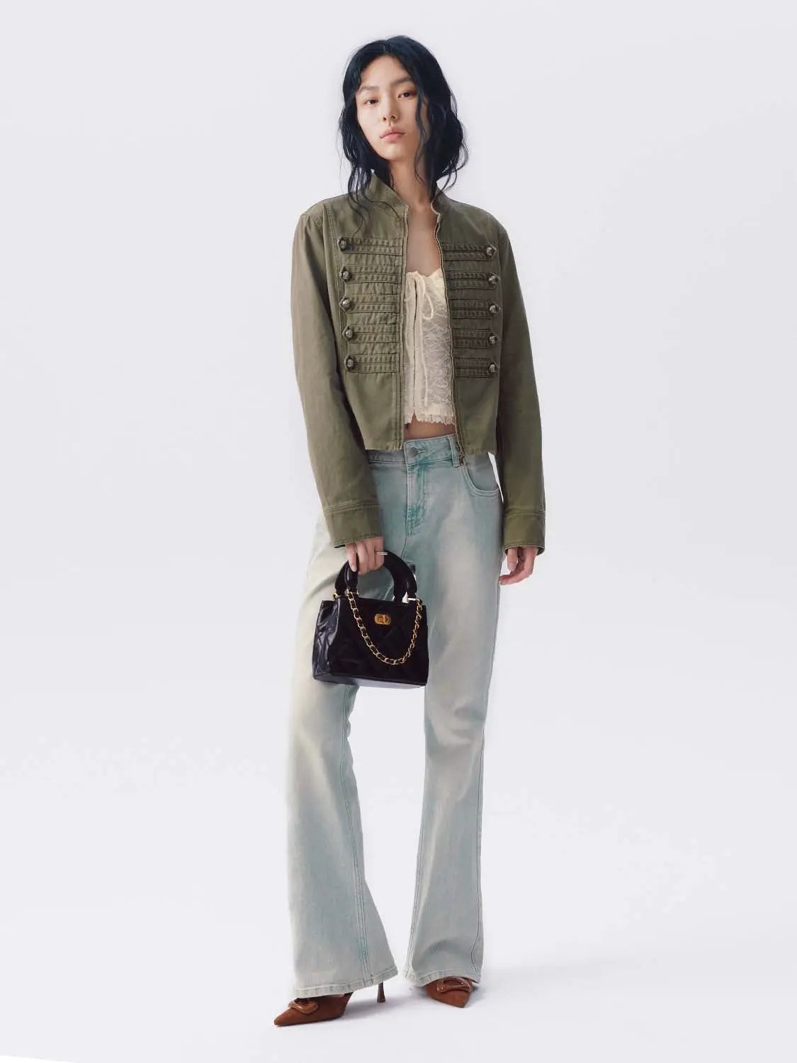 Stand Collar Braided Trim Double Breasted Cropped Jacket