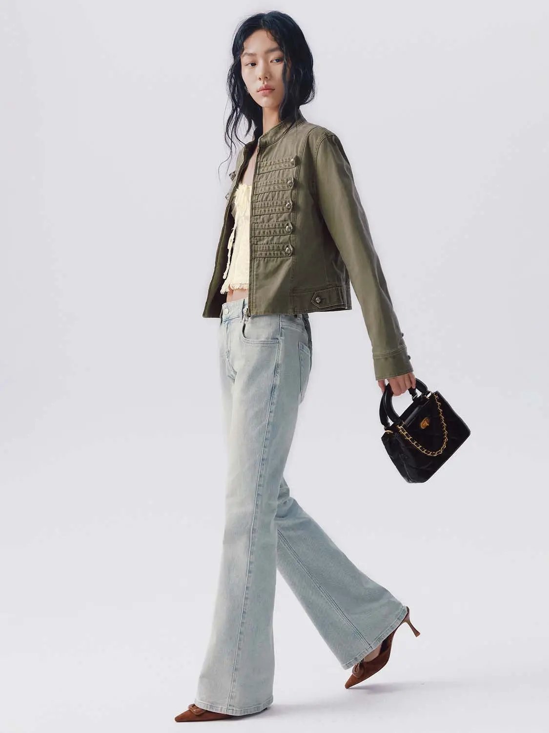 Stand Collar Braided Trim Double Breasted Cropped Jacket
