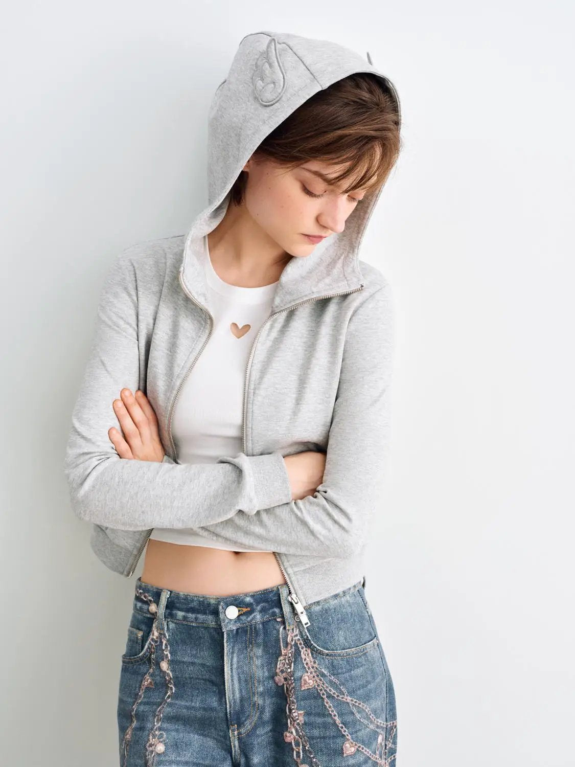Heather Grey Cropped Zip Front Cotton Blend Hoodie