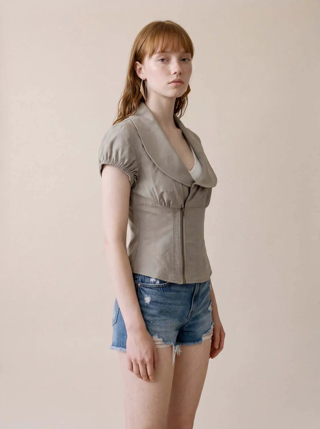 Zip Front Fitted Collared Short Sleeve Cotton Jacket