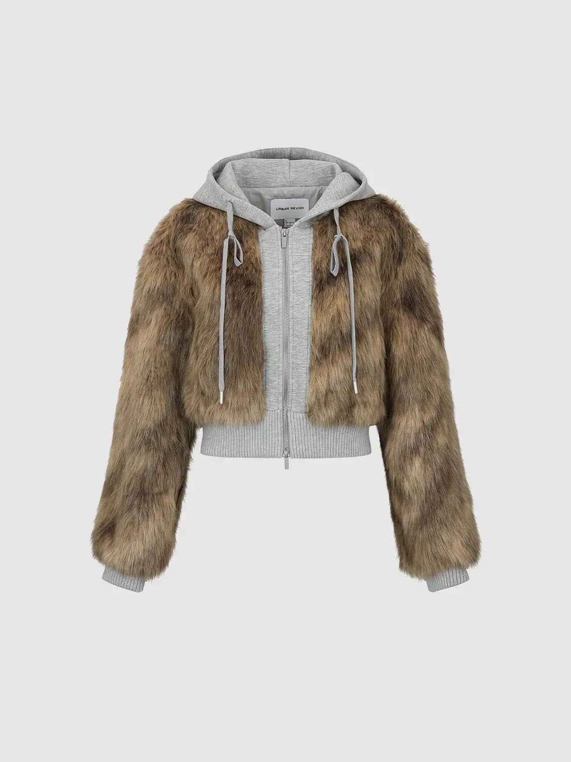 Cropped Faux Fur Hooded Long Sleeve Zip Front Jacket
