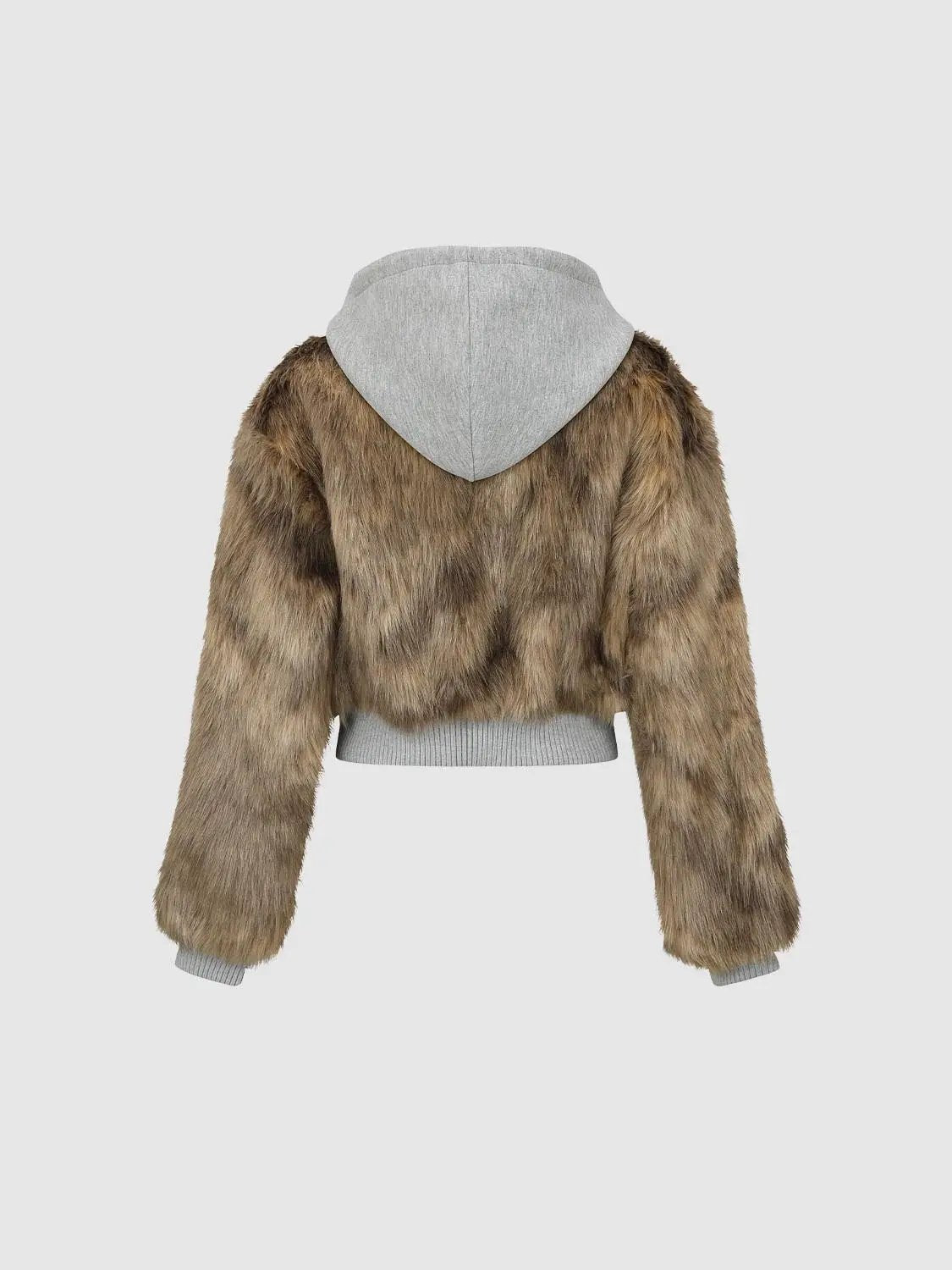 Cropped Faux Fur Hooded Long Sleeve Zip Front Jacket