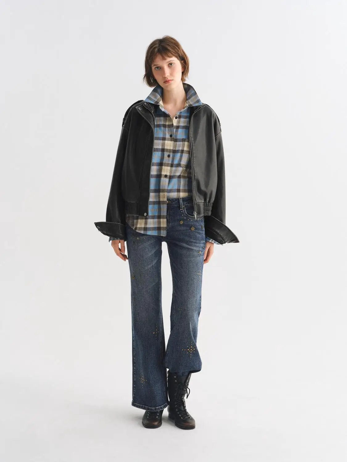 Zipper Front Ribbed Hem Oversized Shirt Collar Long Sleeve Jacket