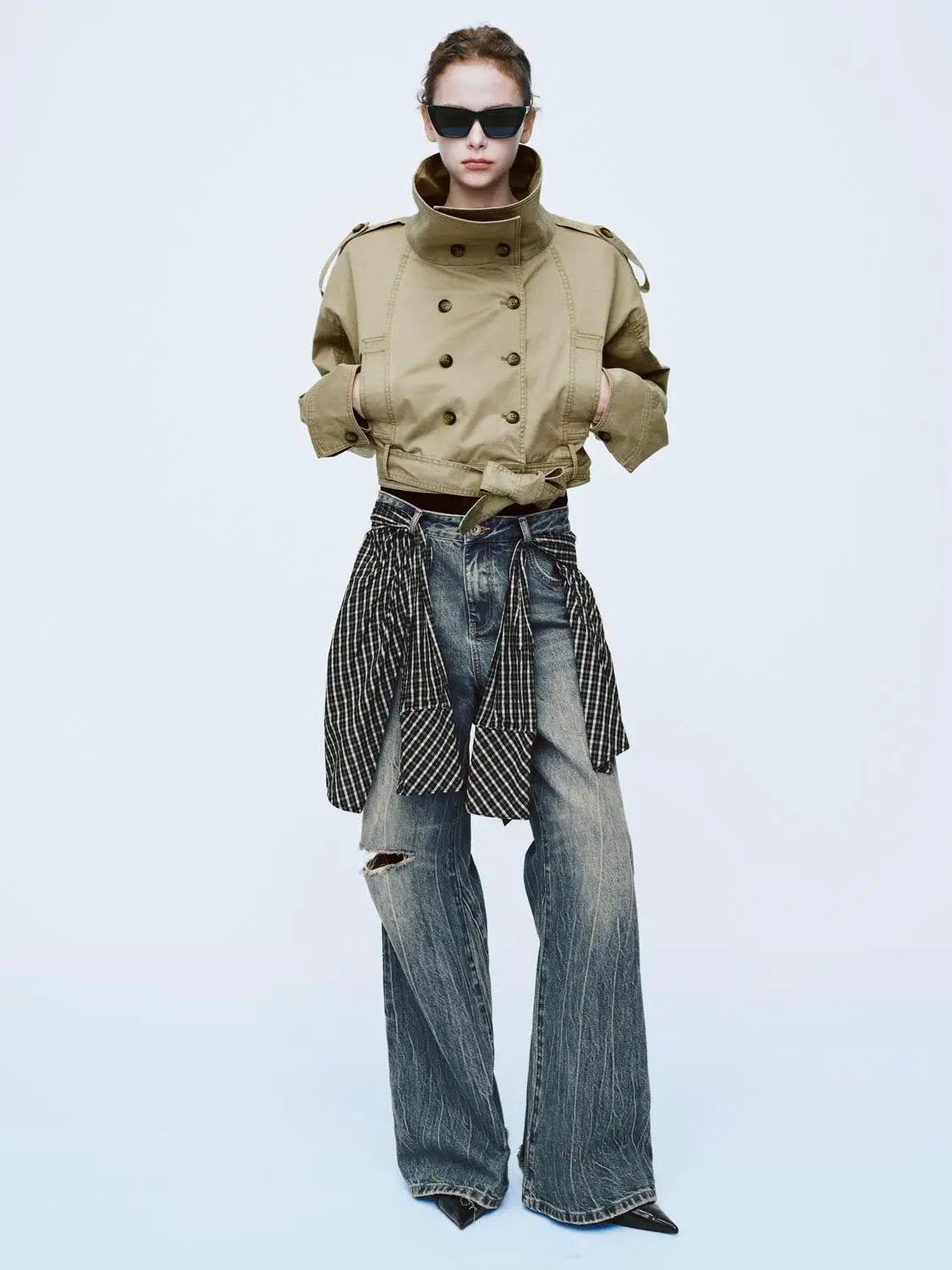 Double Breasted Belted Cropped Long Sleeve Cotton Jacket