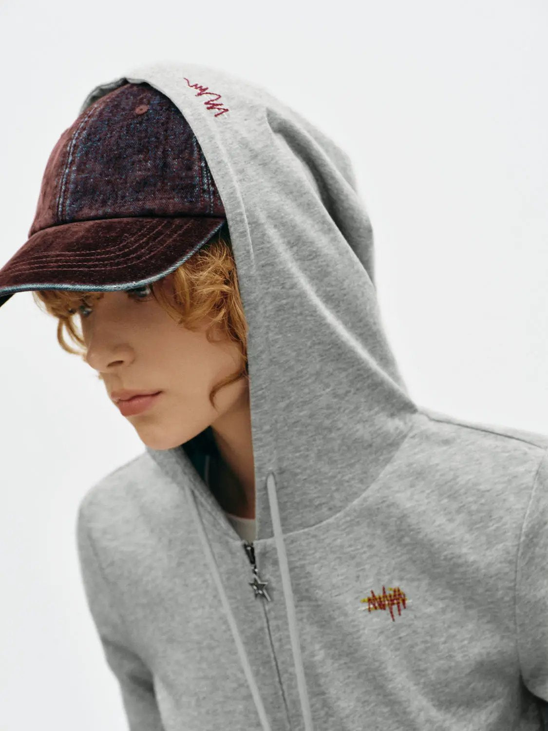 Text Embroidery Zip Long Sleeve Cotton Blend Hoodie