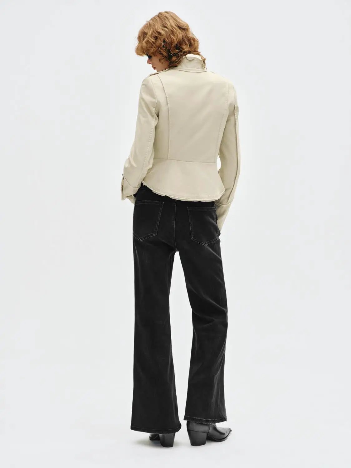 Button Raw Hem Shirt Collar Long Sleeve Cotton Jacket