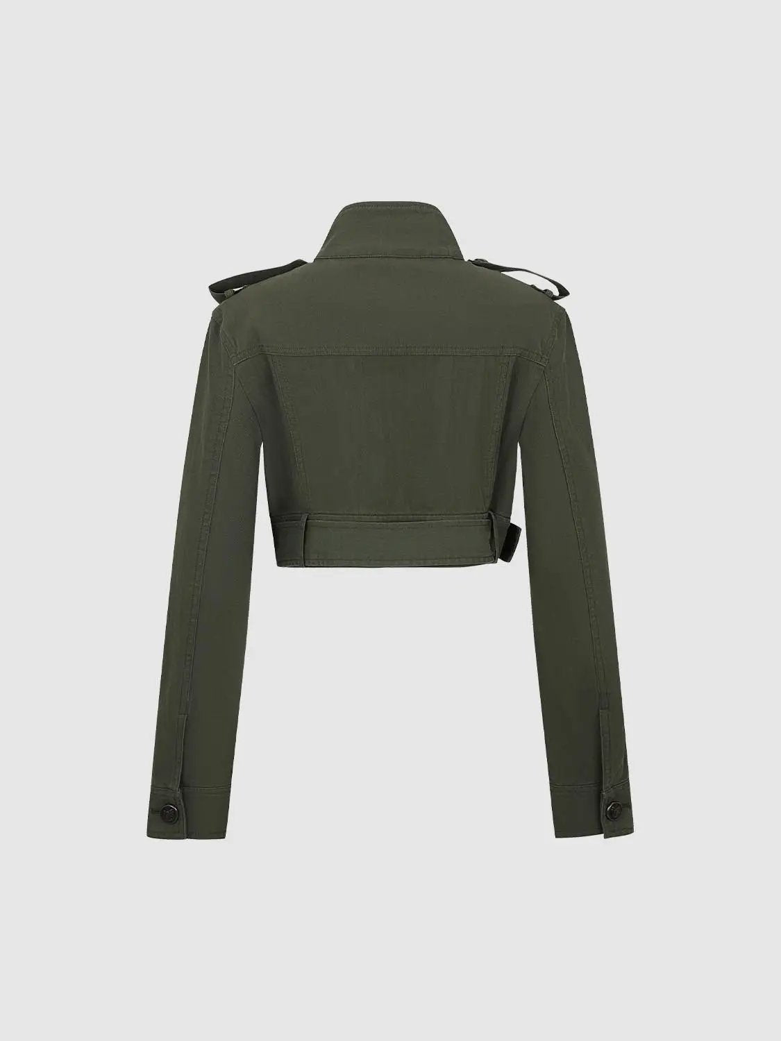 Double-Breasted Crop Belted Long Sleeve Cotton Jacket