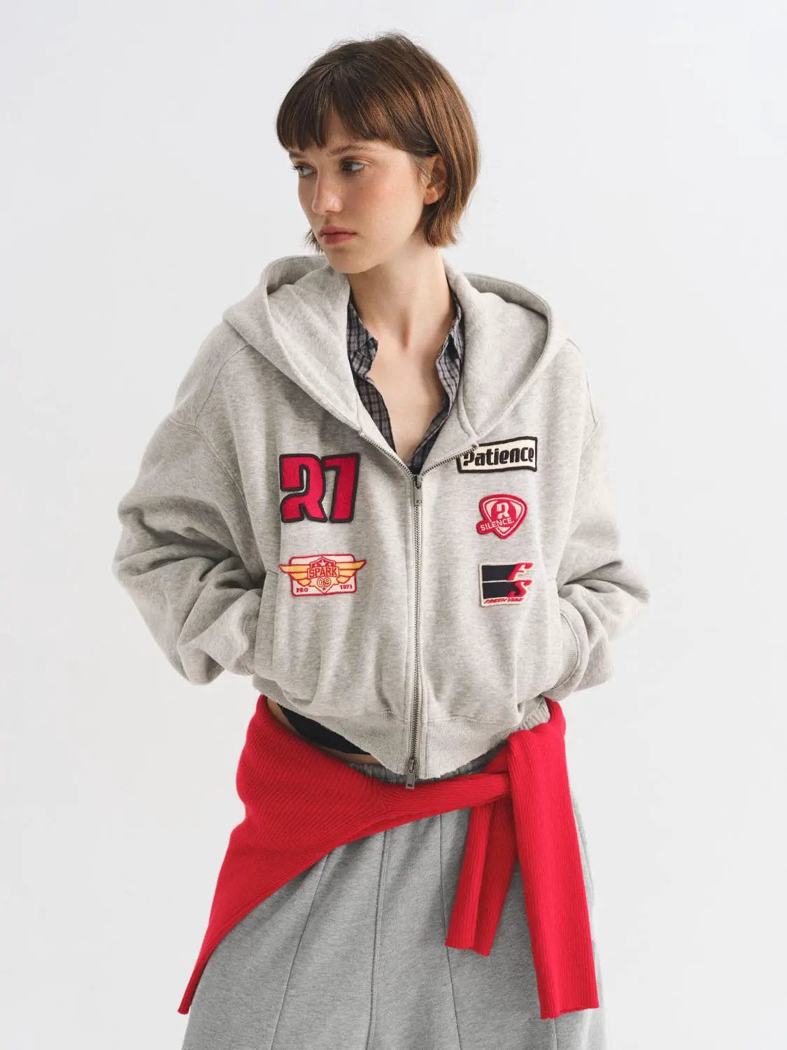 Patchwork Long Sleeve Ribbed Zip Front Cotton Blend Hoodie