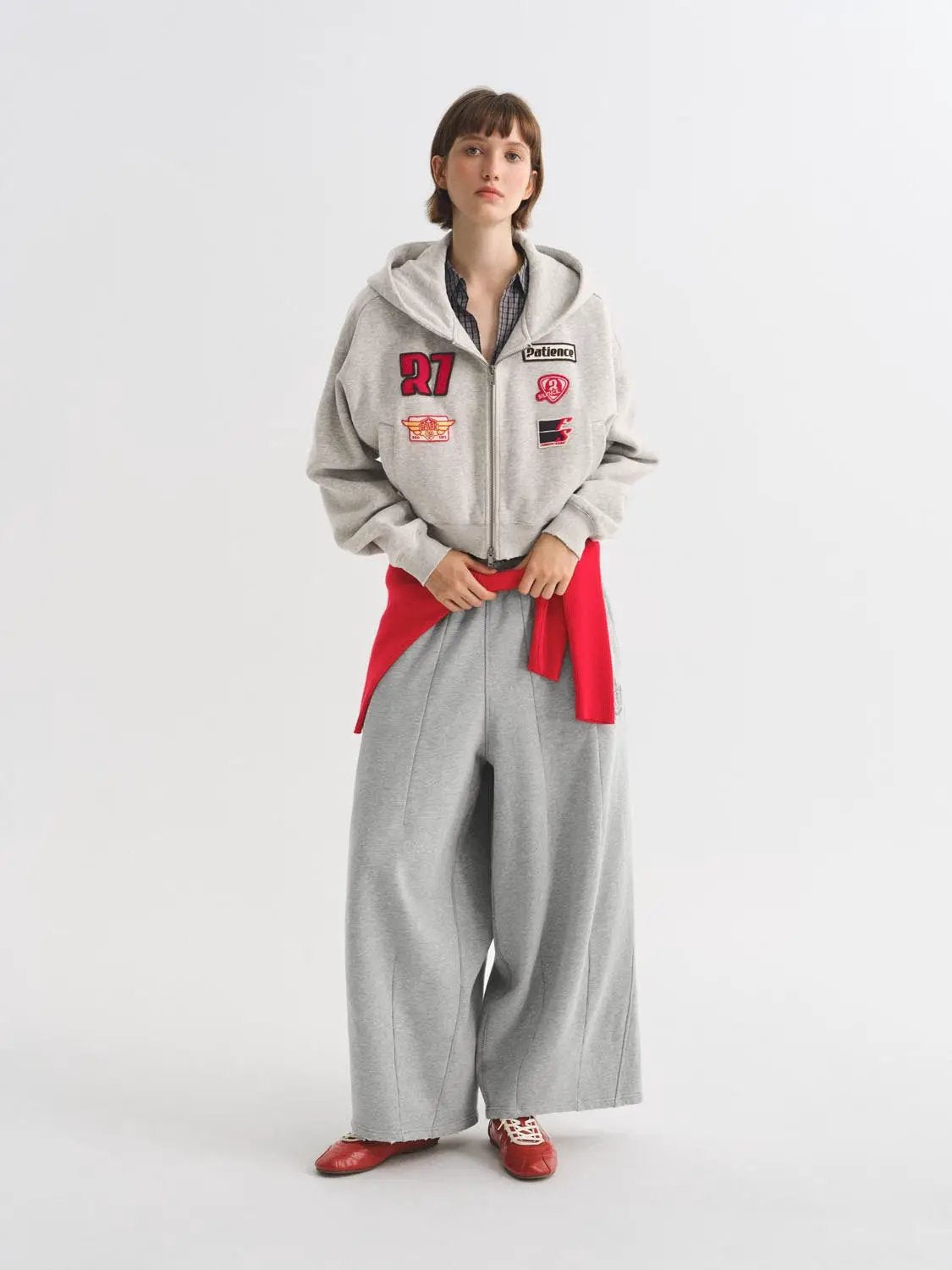 Patchwork Long Sleeve Ribbed Zip Front Cotton Blend Hoodie