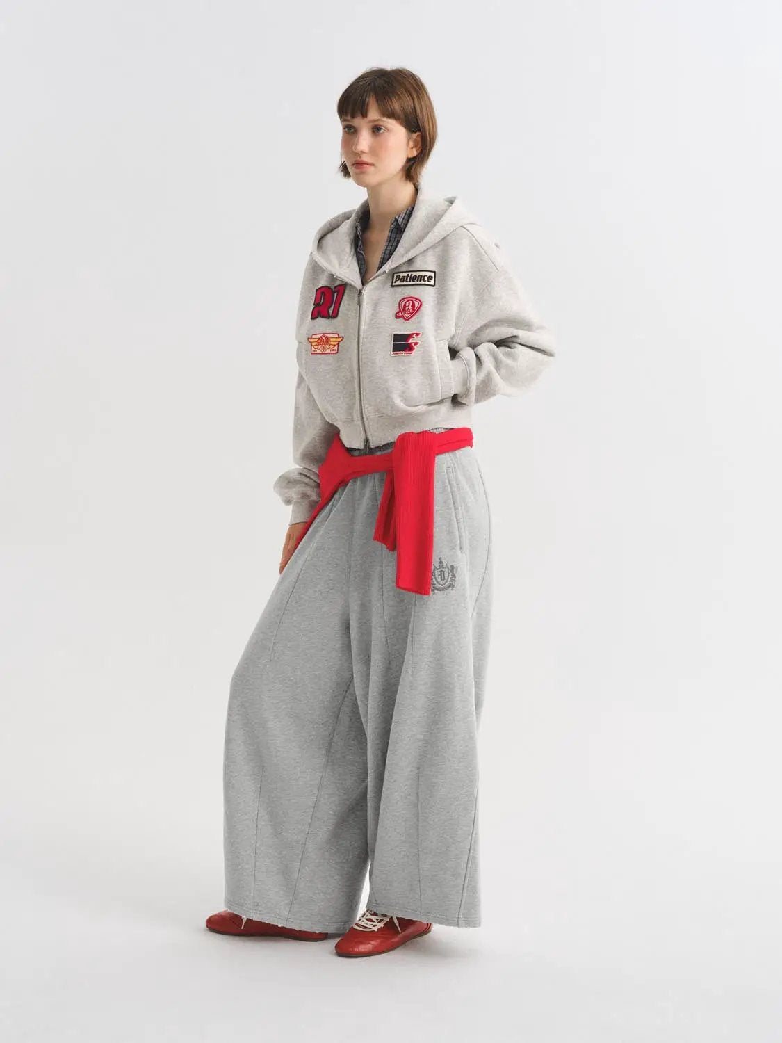 Patchwork Long Sleeve Ribbed Zip Front Cotton Blend Hoodie