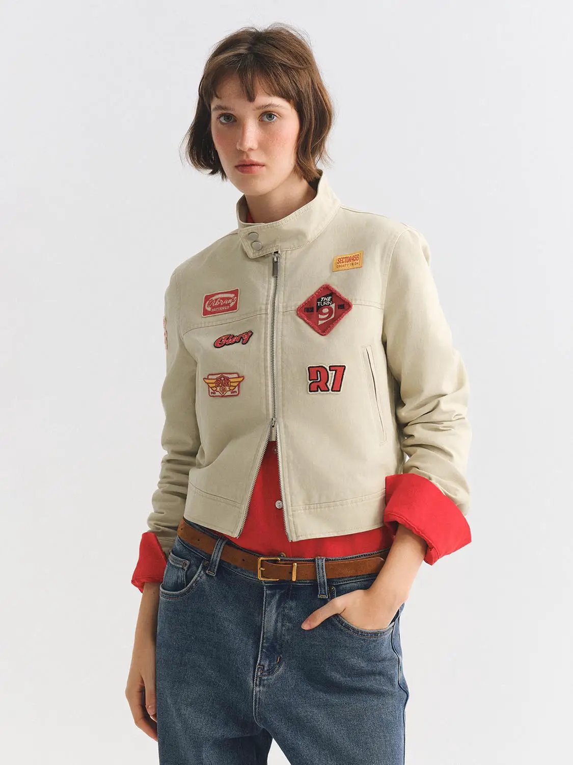 Patch Zipper Stand Collar Long Sleeve Cotton Jacket