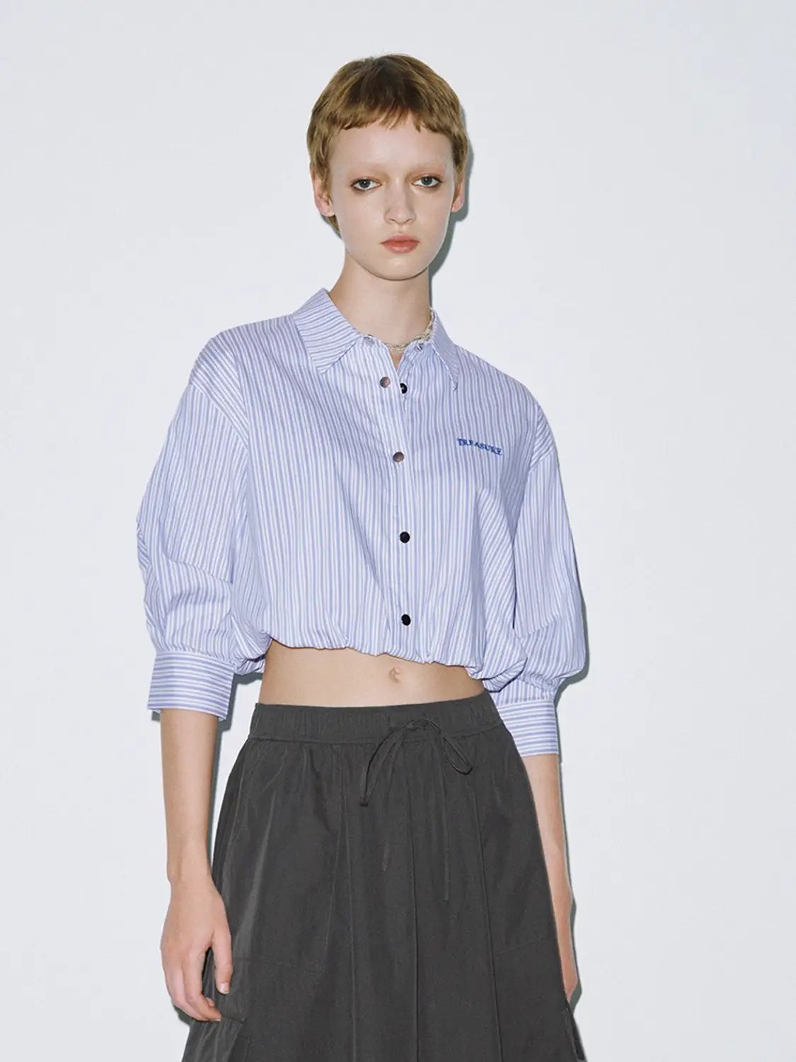 Striped Cropped Oversized Light Blue Cotton Shirt