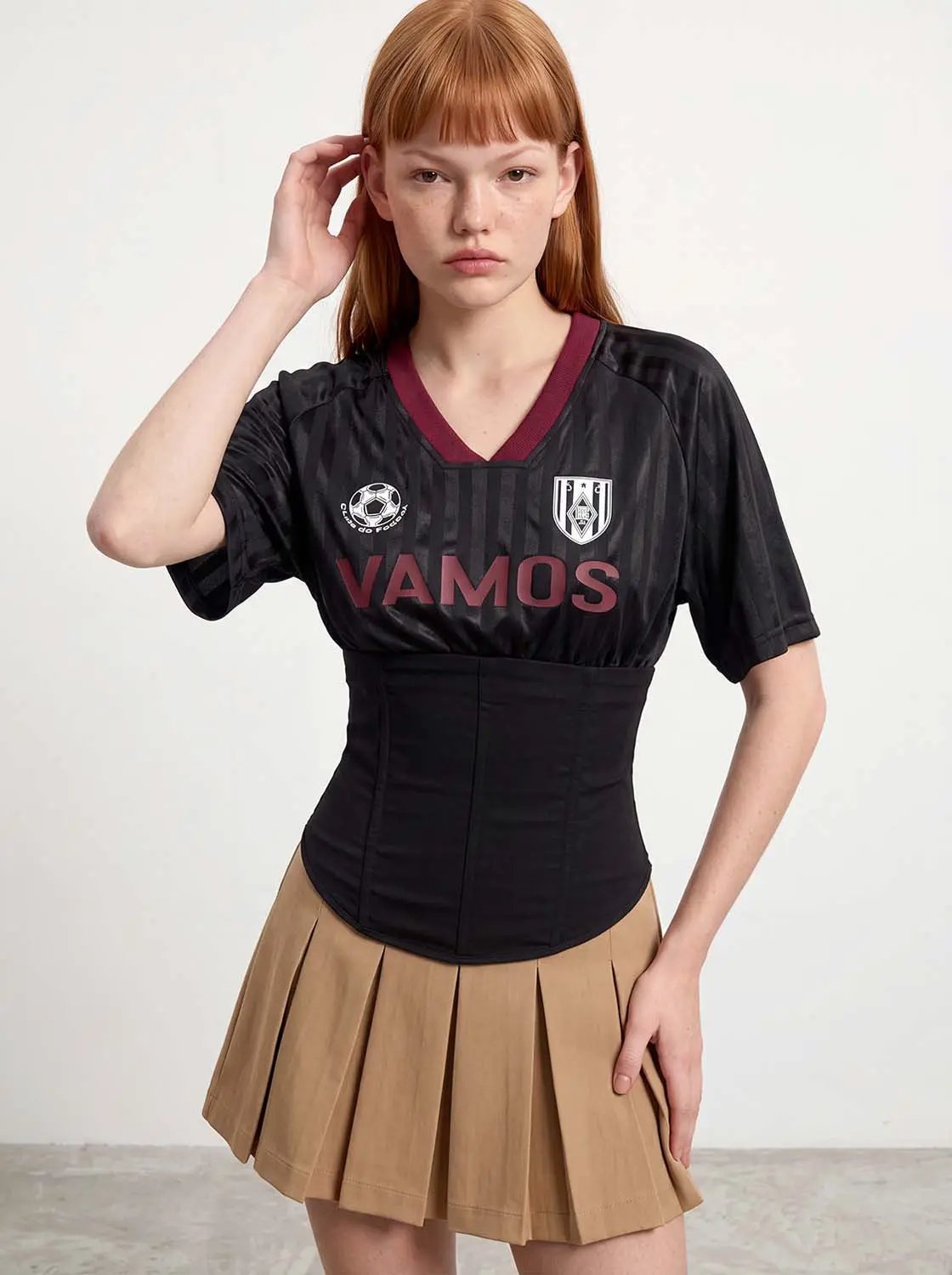 V Neck Letter Print Soccer Jersey Waist Cinching Corset Top