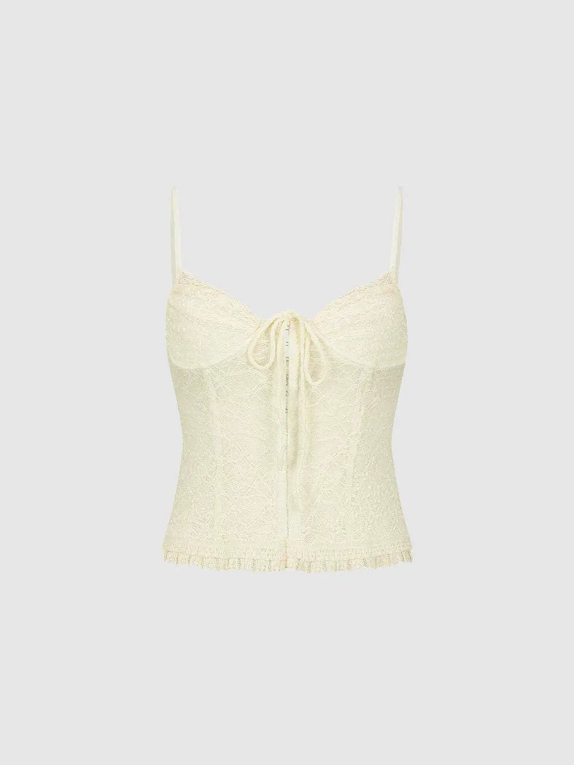 Tie Ruffle Hem Lace Slim Cropped Spaghetti Strap Cami Top