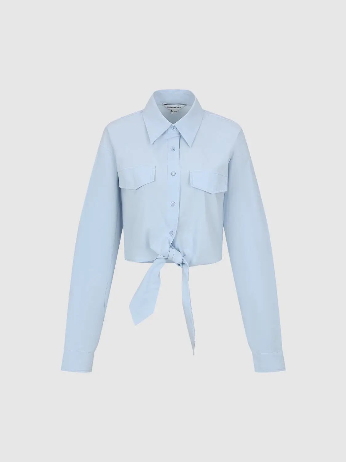 Tie Front Light Blue Shirt Collar Long Sleeve Cotton Shirt