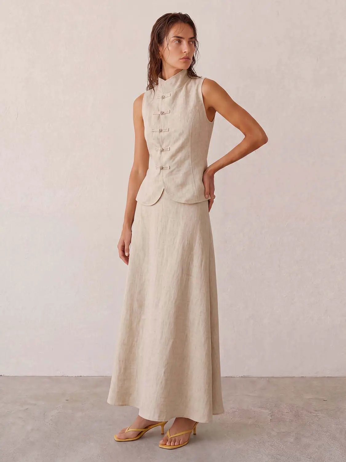 Stand Collar Button Front Cotton Linen Blend Vest