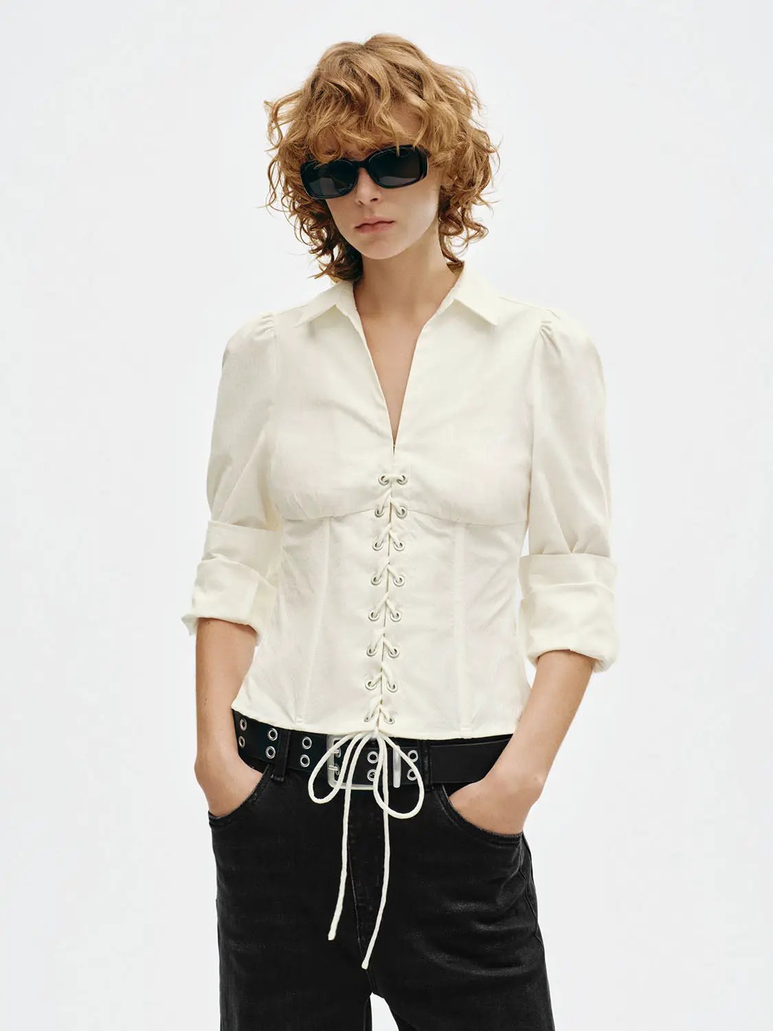 Lace up Fitted Shirt Collar Long Sleeve Cotton Blouse